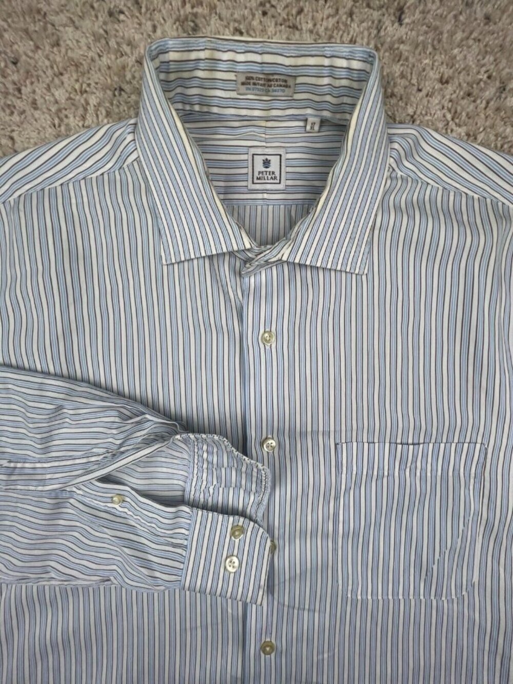 PETER MILLAR Men's 17 XL Button Up Shirt Blue White Brown Striped 100% Cotton